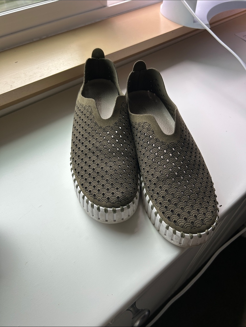 Ilse Jacobsen Olive Green Slip-On Perforated Flats
